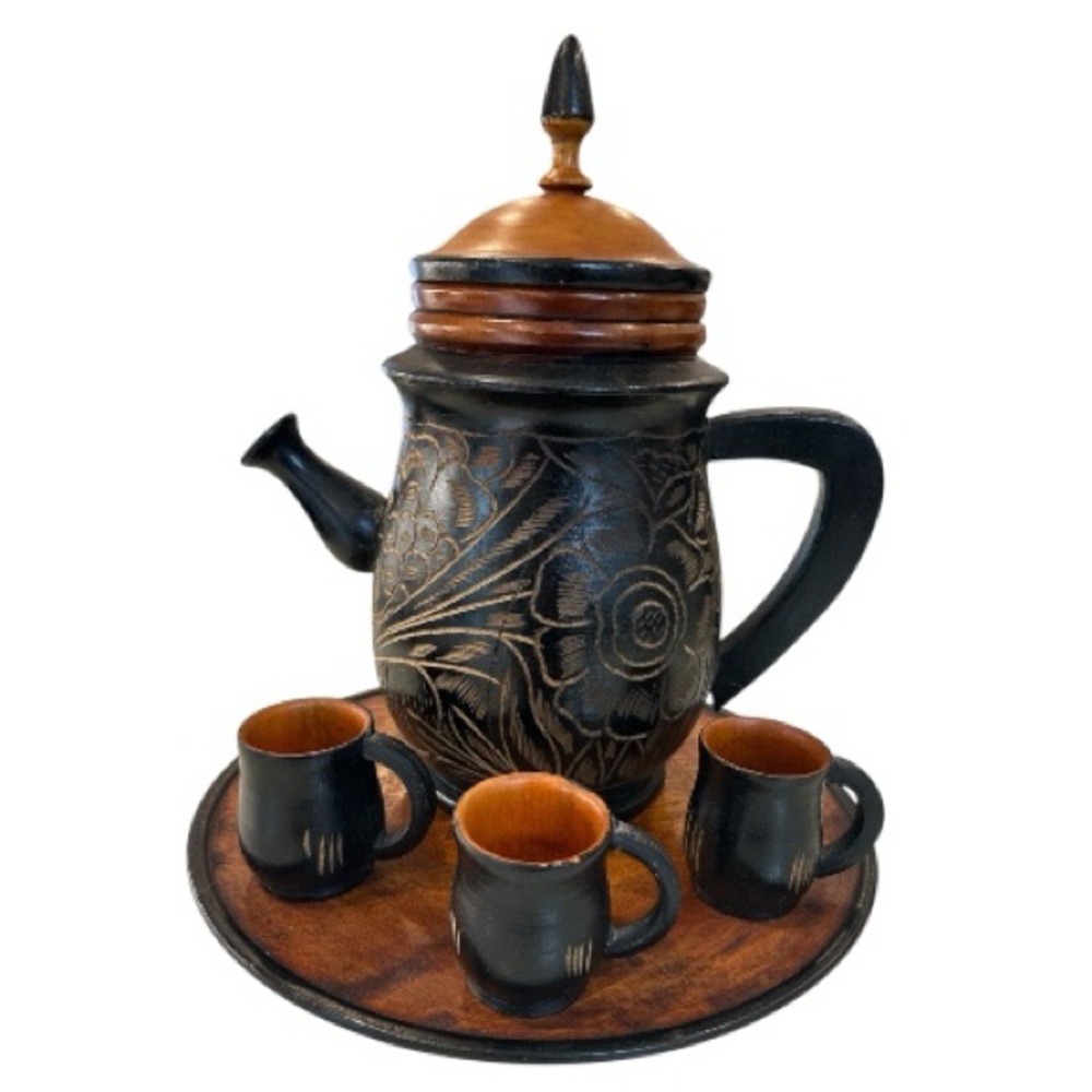 Hand Carved Teak Wood Tea Pot Pitcher Set w/ 3 cups. From Dominican Republic
